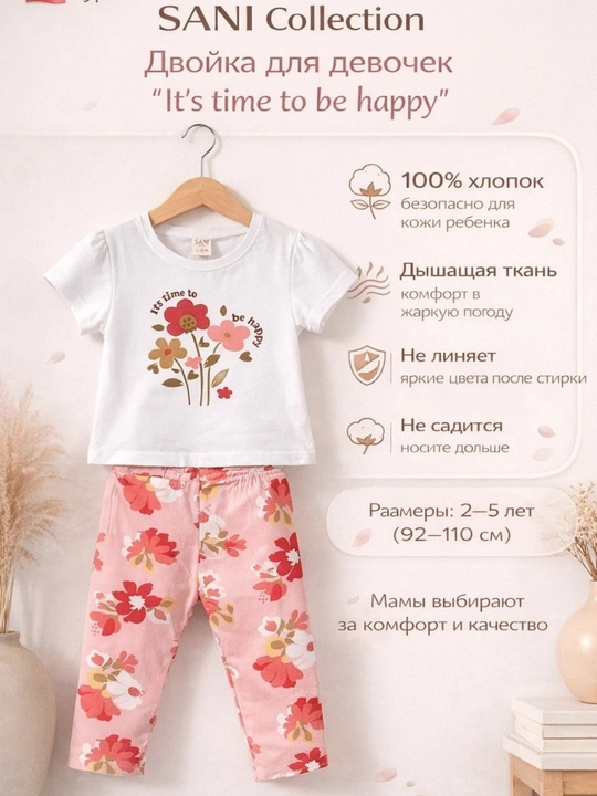 Комплект для девочек SANI LOVE:футболка и штаны, 100% хлопок, Турция