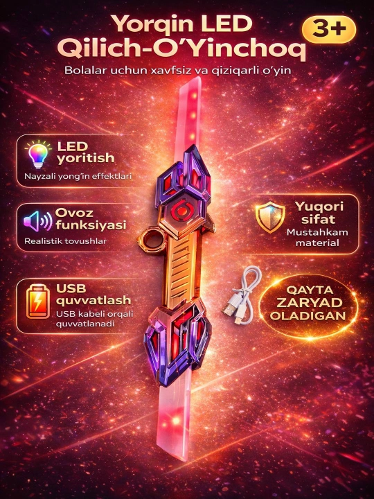 Светящийся LED игровой набор фантазийного оружия – меч и топор, USB зарядка - 