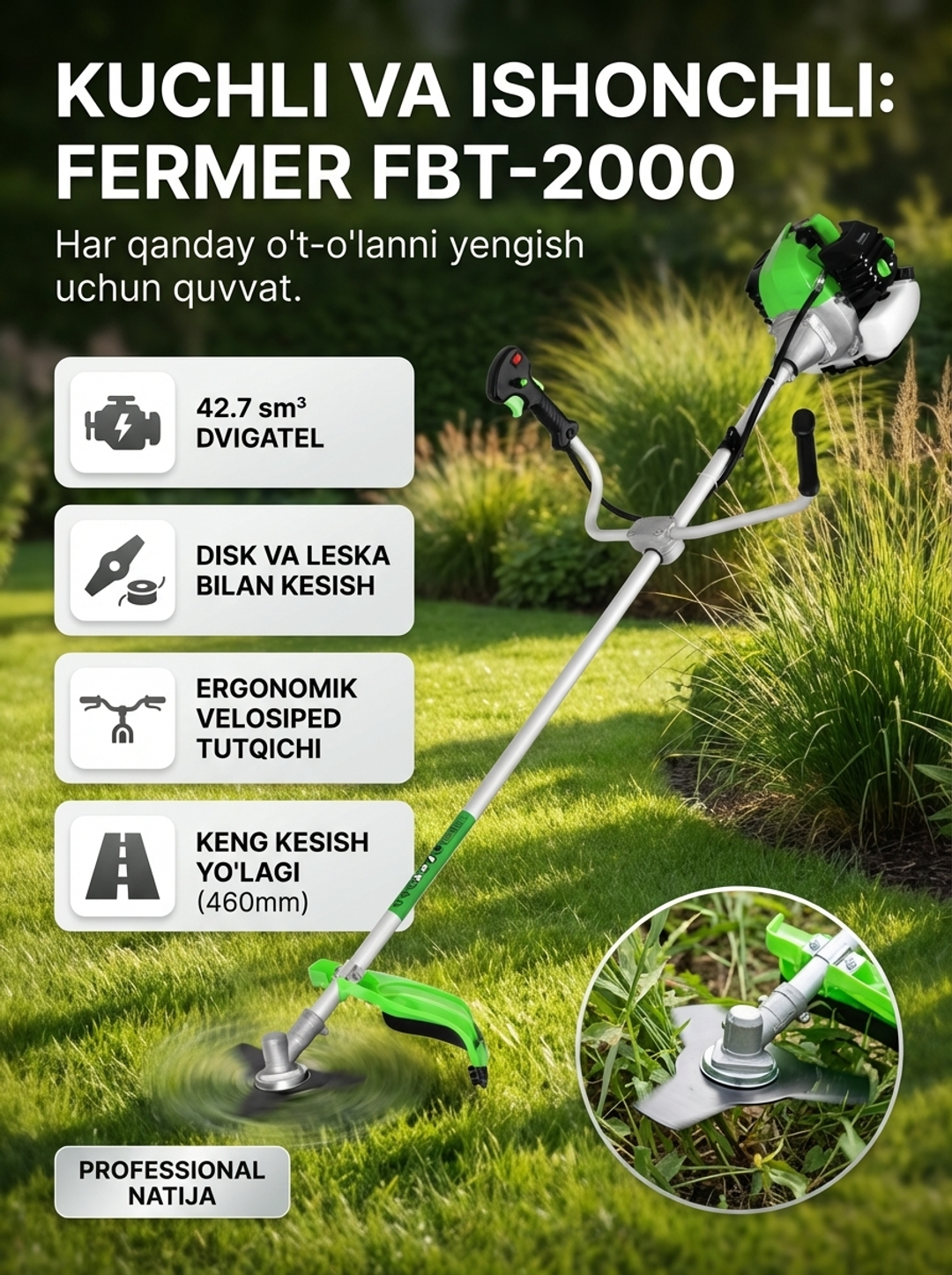Триммер бензиновый Fermer ФБТ-2000 (42.7 куб.см, леска и нож, 9500 об/мин)