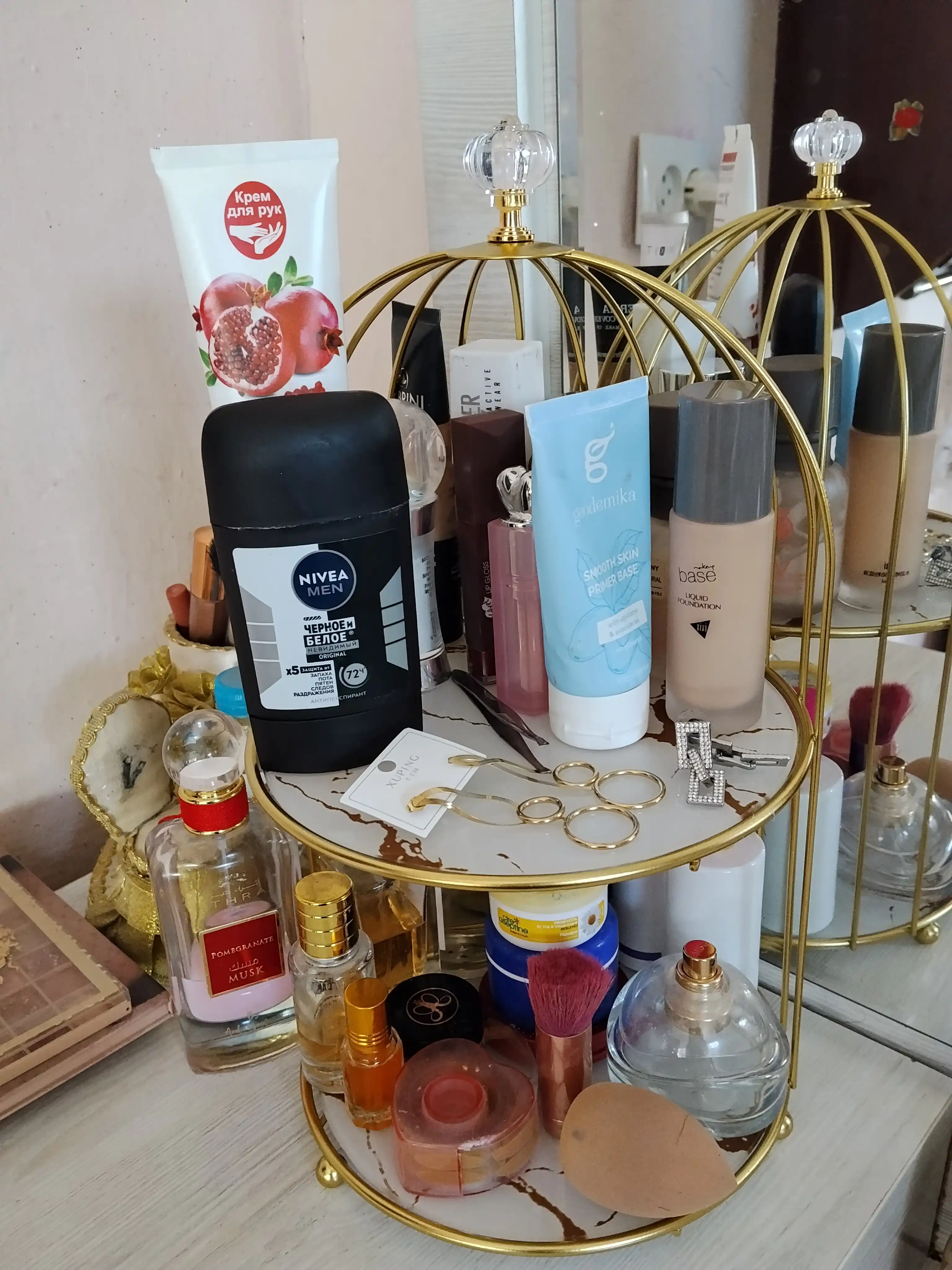 Органайзер для косметики, 2 яруса, со стеклянными полками, золотистый