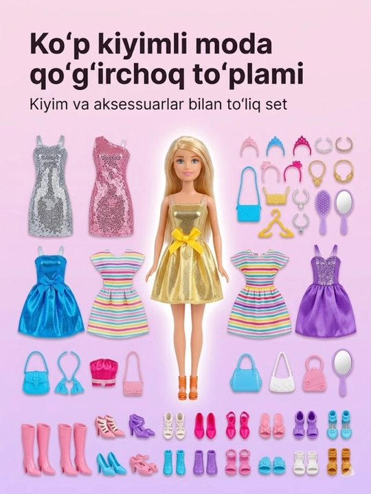 Ko‘p kiyimli moda qo‘g‘irchoq to‘plami — aksessuarlar va kiyimlar bilan(Anlily Collection)