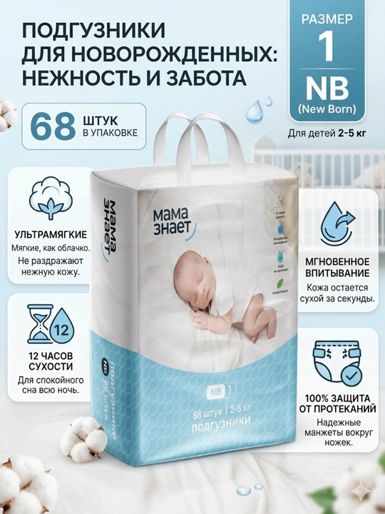 Подгузники Мама знает в больших экономичных упаковках, 1-6 размеры - 