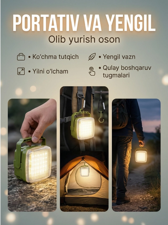 LED fonar quyosh paneli bilan, 3600 mAh batareya, 7–10 soat yorug‘lik, portativ fonar