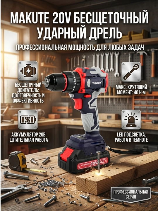 Аккумуляторная бесщеточная ударная дрель-шуруповерт Makute 20В 40Нм - 