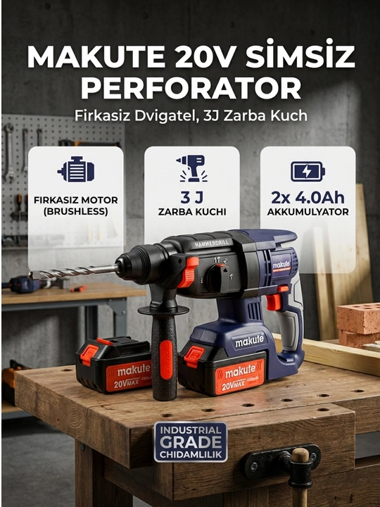 Makute CHD001-2BL simsiz perforatori, 20V, 2ta akkumulyator va tez zaryadlovchi qurilma