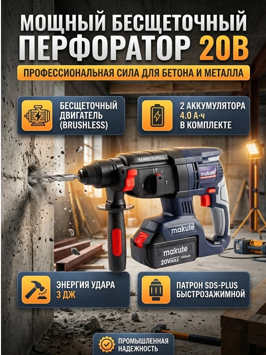 Беспроводной перфоратор Makute CHD001-2BL с бесщеточным двигателем, 20В, 2 аккумулятора - 