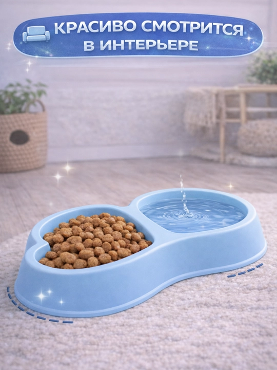 Миска для питомцев двойная Meow Market: пластиковая миска сердечко для кошек и собак