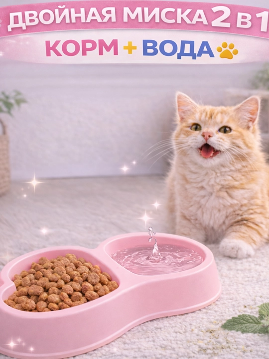 Миска для питомцев двойная Meow Market: пластиковая миска сердечко для кошек и собак
