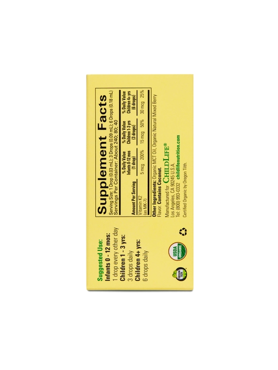 ChildLife Essentials, K2 organik vitamini tomchi shaklida, tabiiy rezavorlar, 5 mkg, 7,5 ml