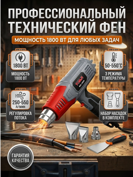 ТЭМП ФН-1800 технический фен, 1800Вт, 3 режима температуры - 