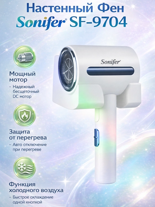 Фен для волос настенный Sonifer SF-9704, 2000W, белый, с насадкой