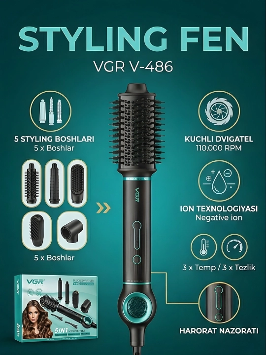 Стайлер VGR V-486, многофункциональный, для укладки, черный, 8 насадок в комплекте - 