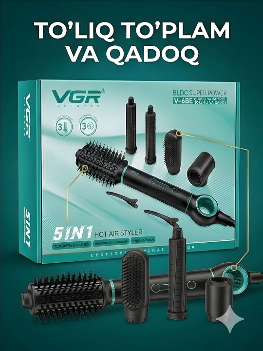 Styler VGR V-486, ko'p funksiyali, soch tarash uchun, qora, 8 ta moslama bilan