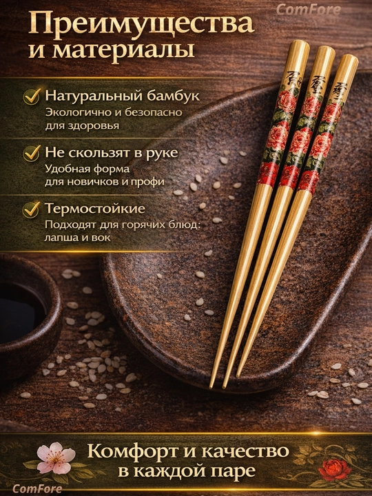 Палочки для еды, суши и роллов многоразовые, бамбуковые, набор 10 пар 20 шт 5 пар 10 шт