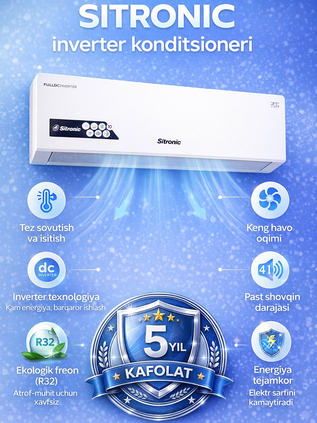 Кондиционер Sitronic 12 Shine, инвертор + тен, 36 кв за 6000000 сум по лучшей цене. Uzum Market