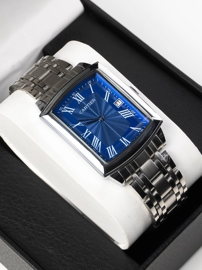 Мужские часы в стиле Cartier – квадратный корпус, металлический браслет, с датой — MICRO1-CARTIER45TEMIR-ТЕМНСИН