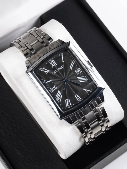 Мужские часы в стиле Cartier – квадратный корпус, металлический браслет, с датой — MICRO1-CARTIER45TEMIR-ЧЕРН