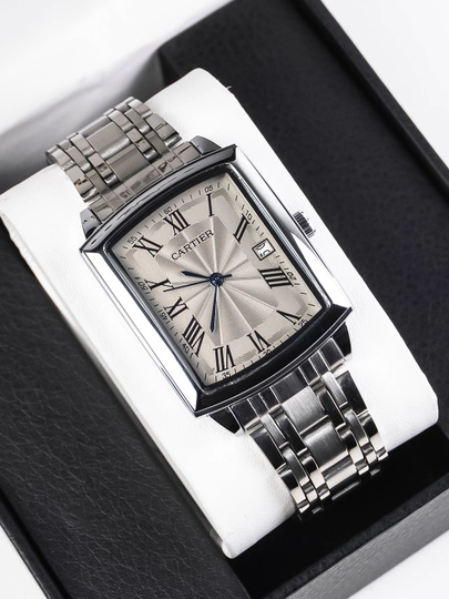 Мужские часы в стиле Cartier – квадратный корпус, металлический браслет, с датой — MICRO1-CARTIER45TEMIR-БЕЖЕВ