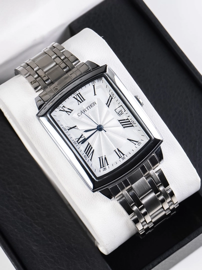 Мужские часы в стиле Cartier – квадратный корпус, металлический браслет, с датой — MICRO1-CARTIER45TEMIR-БЕЛЫЙ