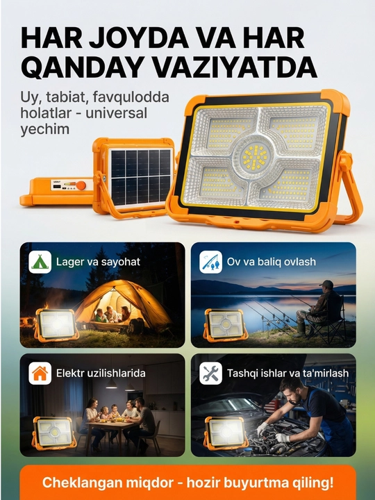 Quyosh panelli yorug‘lik diodli proyektor-fonar, portativ, tashqi akkumulyator