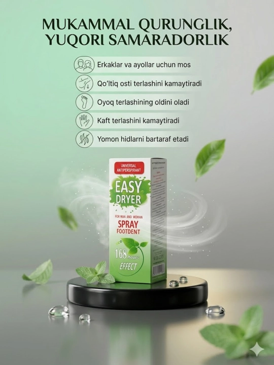 Antiperspirant sprey Easy Dryer Universal, terlash va hidga qarshi samarali vosita, 50 ml