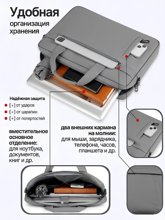 Сумка для ноутбука 15.6", портфель из экокожи, влагостойкая