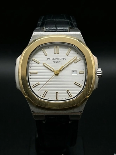 Мужские наручные часы Patek с кожаным ремешком, с датой, кварцевый механизм, класический стил — CLEANNE-AXAPATEK6-ЗОЛОТ