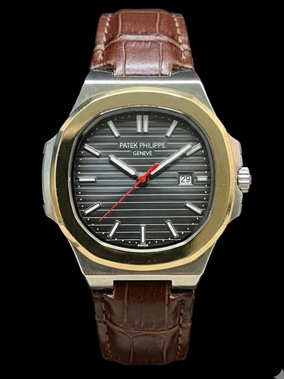 Мужские наручные часы Patek с кожаным ремешком, с датой, кварцевый механизм, класический стил — CLEANNE-AXAPATEK6-КОРИЧН