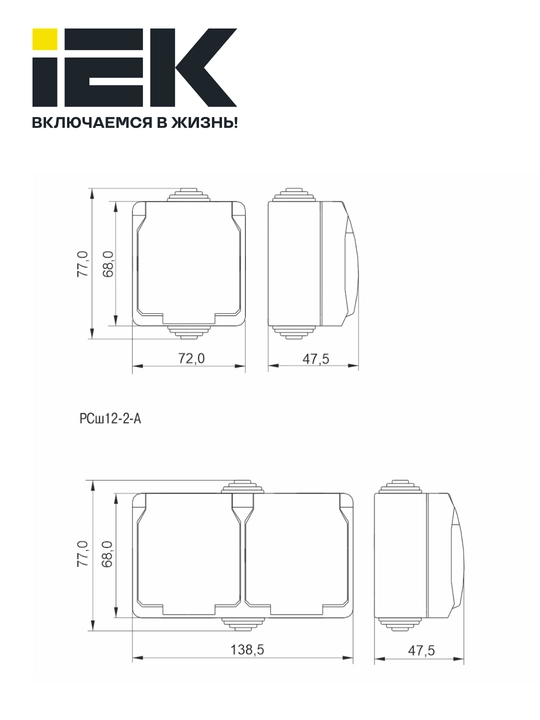 Розетка двухместная с заземлением и крышкой для открытой установки 16А IP54 AQUATIC IEK