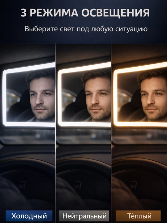 Умное беспроводное зеркало на козырёк в салон автомобиля с LED-подсветкой, зарядка Type-C