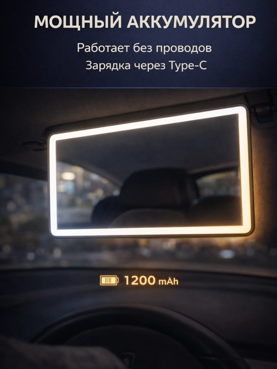 Умное беспроводное зеркало на козырёк в салон автомобиля с LED-подсветкой, зарядка Type-C