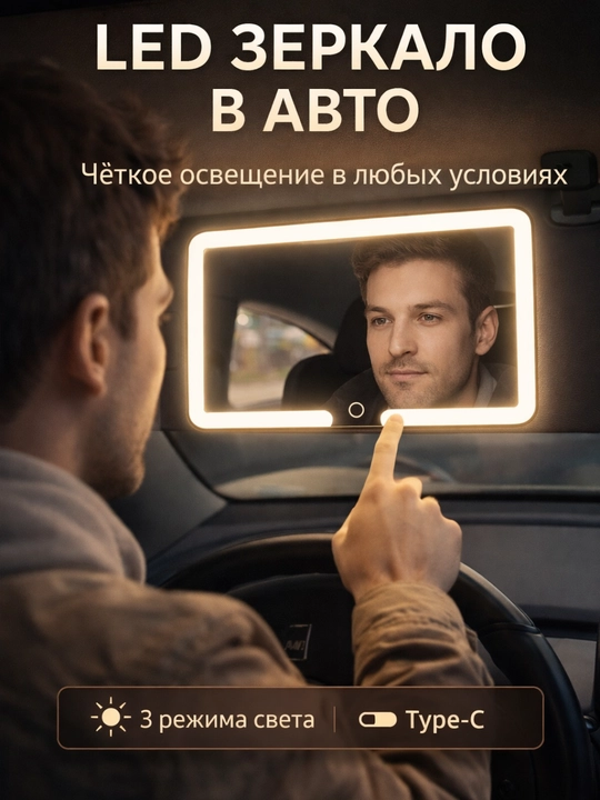 Умное беспроводное зеркало на козырёк в салон автомобиля с LED-подсветкой, зарядка Type-C - 