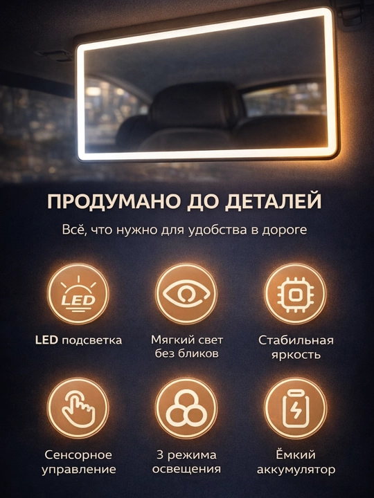 Умное беспроводное зеркало на козырёк в салон автомобиля с LED-подсветкой, зарядка Type-C