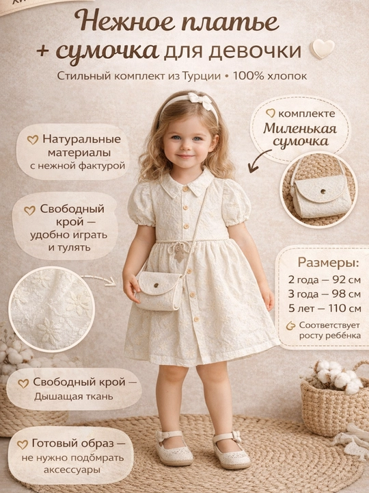 Платье  для девочек с сумочкой , 100% хлопок 2-5 лет,Турция