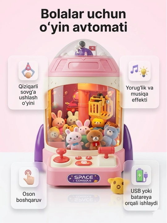 Bolalar uchun mini kran o'yin avtomati "Claw Machine", musiqali va chiroqli o'yinchoq