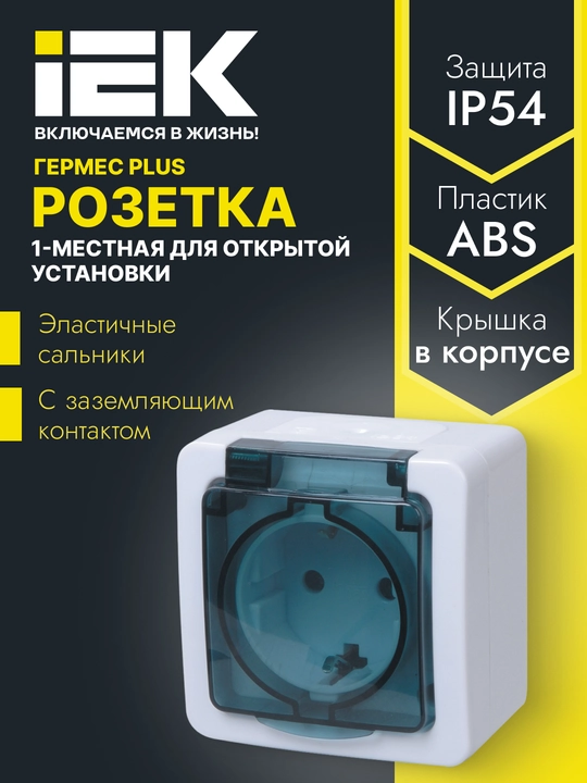 Розетка 1-местная, с заземляющим контактом, открытой установки IP54, цвет крышки: дымчатый - 