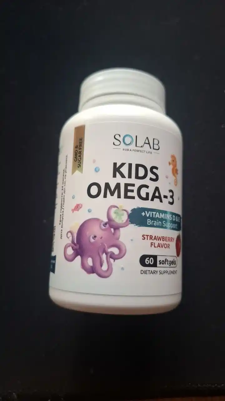 Omega-3, SOLAB, bolalar uchun + D va E vitamini bilan, qulupnay ta'mi, 60 kapsula