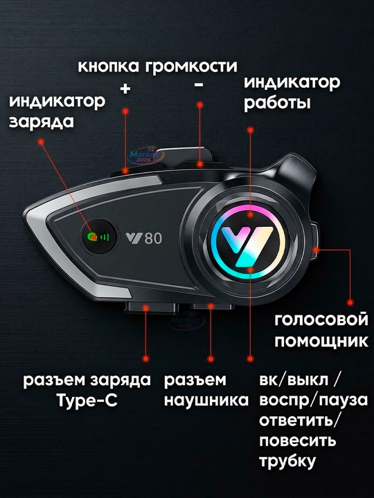 Мотогарнитура для шлема / Наушники для мотоцикла с экраном / FM /  IP65 / 1000 mAh