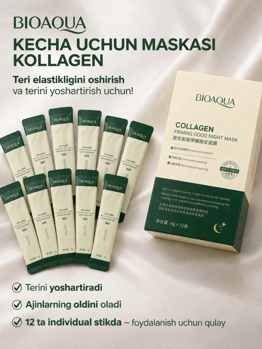 BIOAQUA Kollagenli kecha niqobi 12 dona – ajinlarga qarshi, namlovchi - 