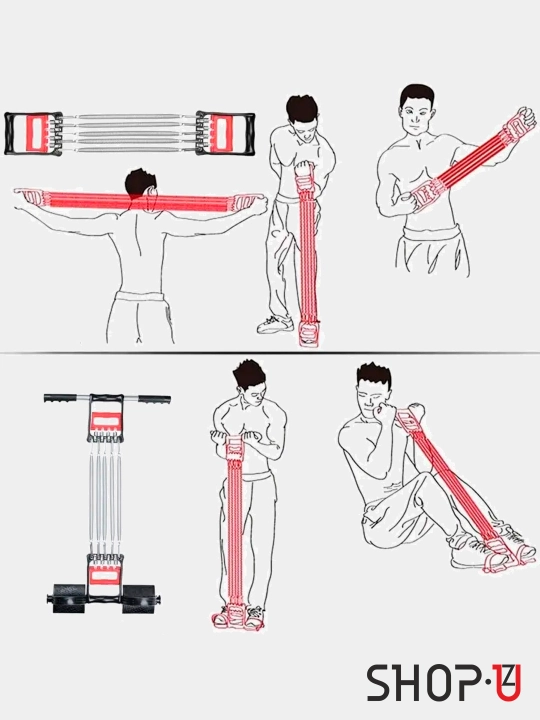Ko‘p funksiyali prujinali / rezinali espander, uyda mashq qilish uchun fitnes trenajyor