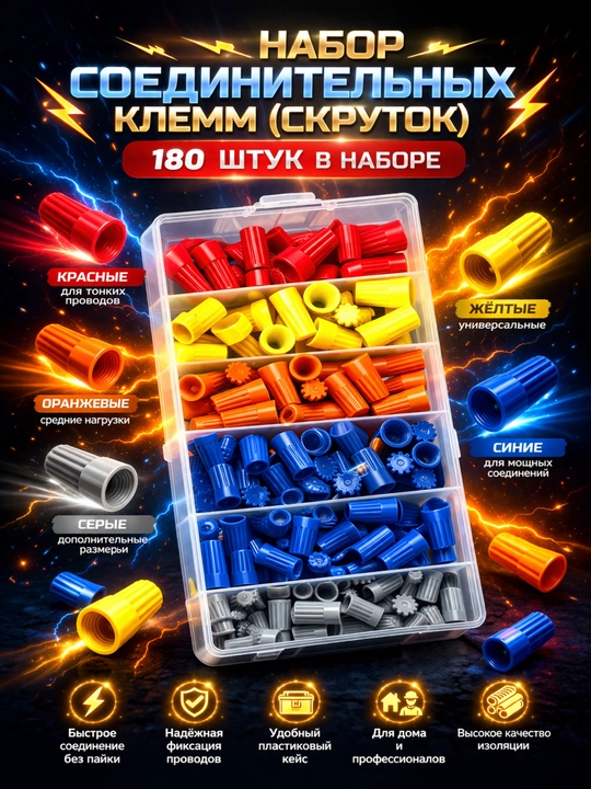 Набор клемм-скруток 42\180 шт — соединительные колпачки для проводов, цветные