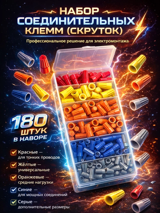 Набор клемм-скруток 42\180 шт — соединительные колпачки для проводов, цветные