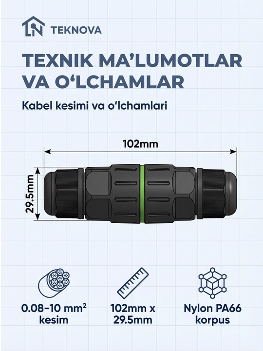 Suv o'tkazmaydigan ulagich TEKNOVA IP68 kabel konnektor 0.08–10 mm²