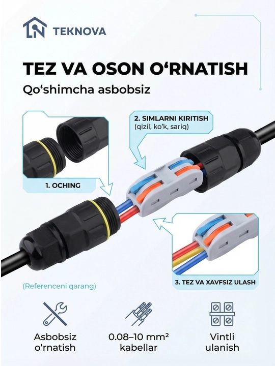 Suv o'tkazmaydigan ulagich TEKNOVA IP68 kabel konnektor 0.08–10 mm²