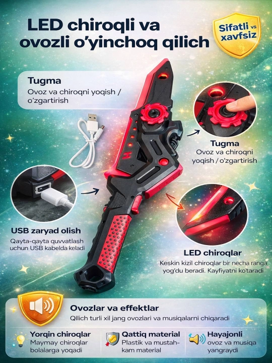 Светящийся LED игровой набор фантазийного оружия – меч и топор, USB зарядка