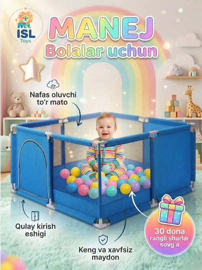 Манеж детский, с шариками, cухой бассейн, игровая площадка — ISLTOYS-BASMAN-НГОЛУБ-SHAR30