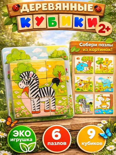 Деревянные кубики "6 пазлов", развивающие, для малышей, 9 и 16 деталей — RADORAY-TAXTAOYIN-ИНДИГО