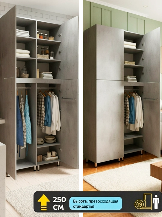 Ofis, yashash xonasi, yotoqxona yo'lak uchun katta 250×130×50 kulrang loft shkafi, shkaf