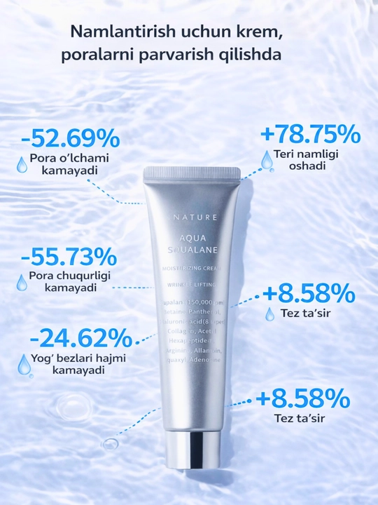 Namlaydigan krem Nature Aqua Squalane – terini tiklovchi va poralarni toraytiruvchi