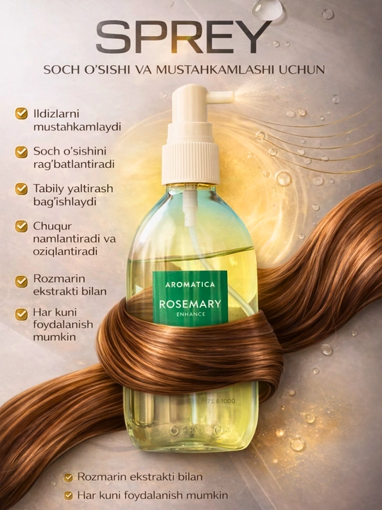 Soch o‘sishi uchun sprey Aromatica Rosemary – mustahkamlovchi va namlovchi spreyi - 